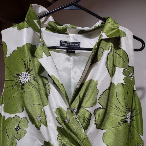 JESSICA HOWARD AVOCADO AND CREAM BOLD FLORAL,FIT AND FLARE WOMENS DRESS SIZE 12 - Picture 3 of 11